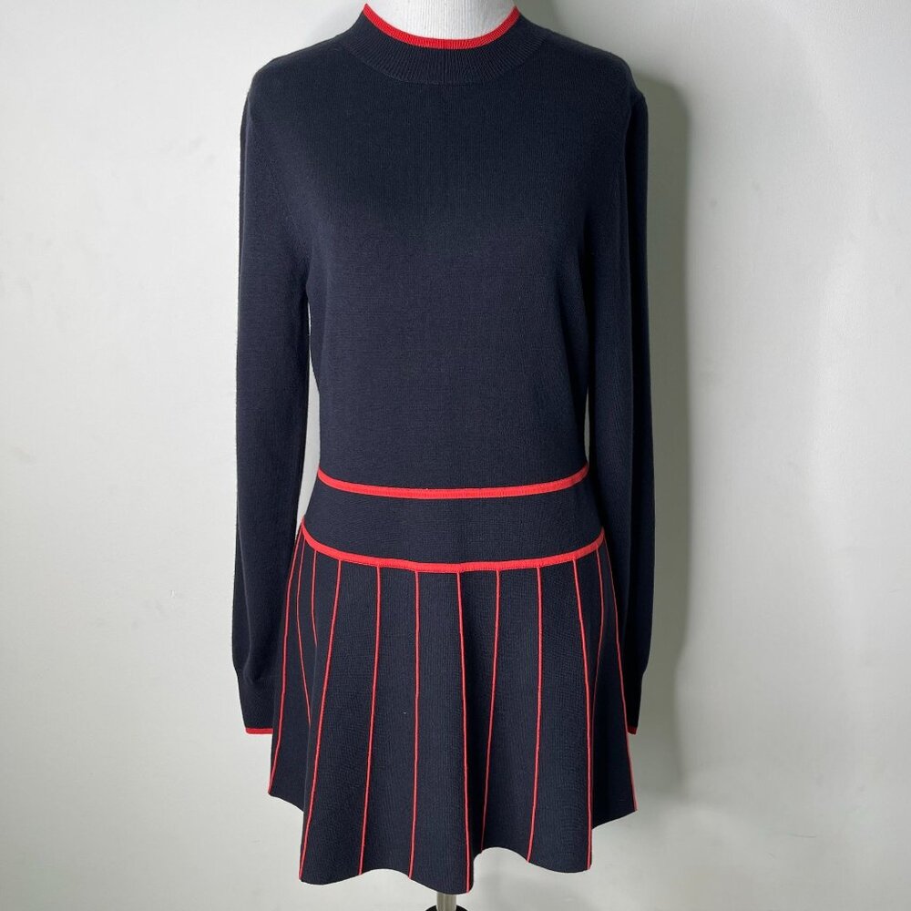 Lela Rose Navy Knit Long-Sleeve Dress with Red Trim